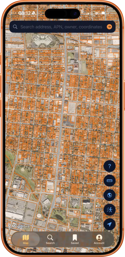 AcreBound app showing parcel map with property line boundaries over satellite view