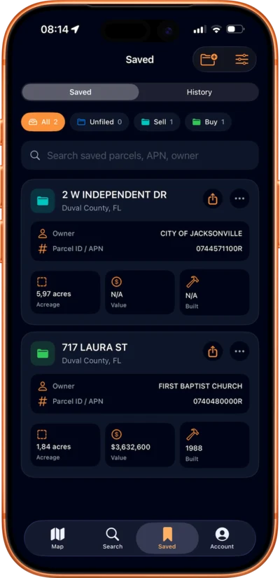 Saved Parcels — AcreBound iOS app screenshot